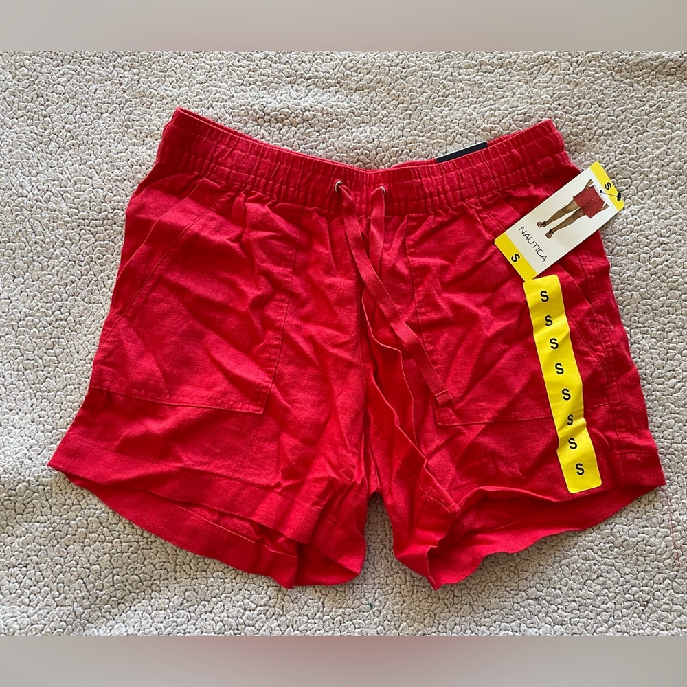 NWT Nautica Women's Elastic Waist Side Pockets Rose Coral Linen Blend Shorts S